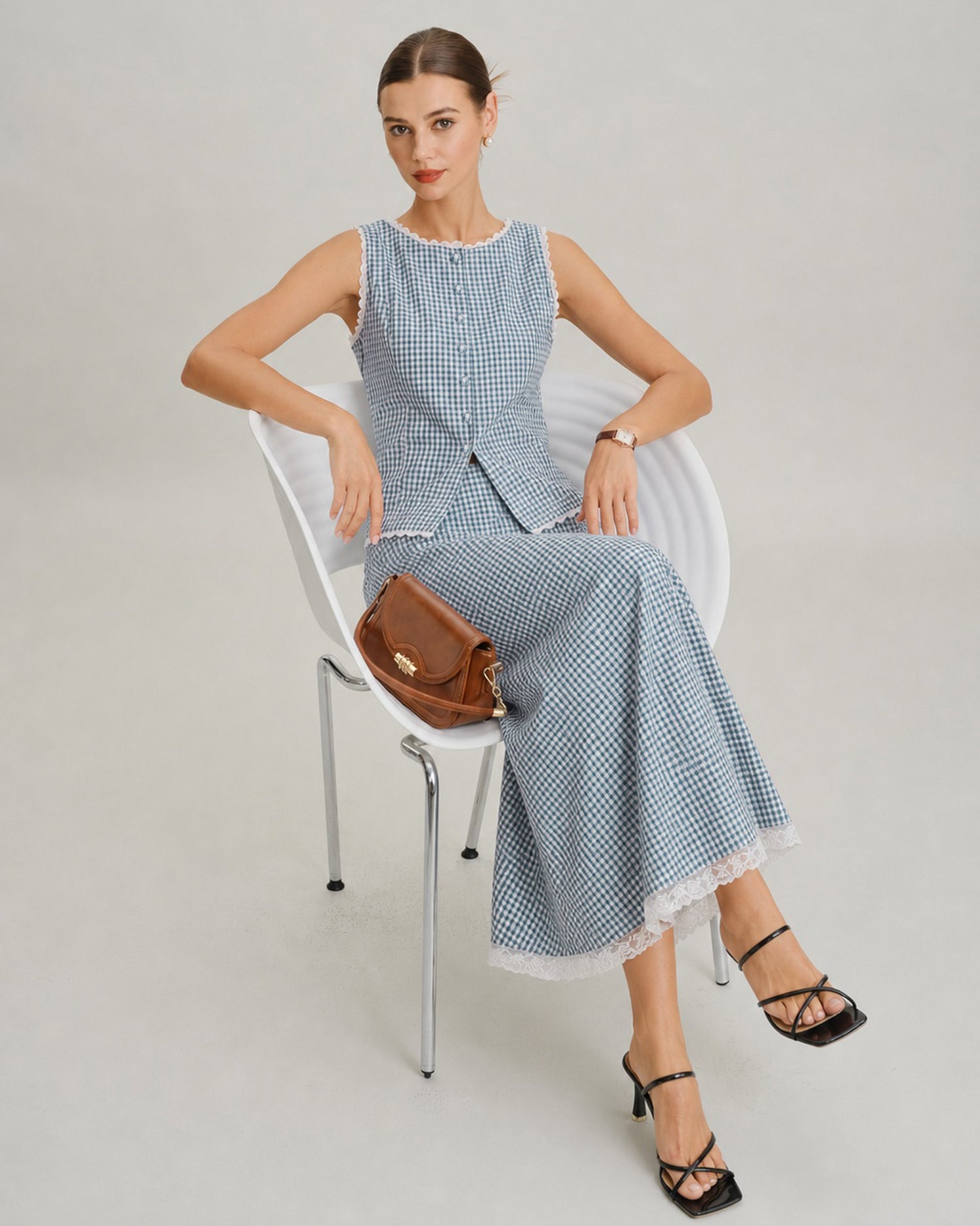Blue Plaid Lace Pockets Midi Skirt - RIHOAS - 02