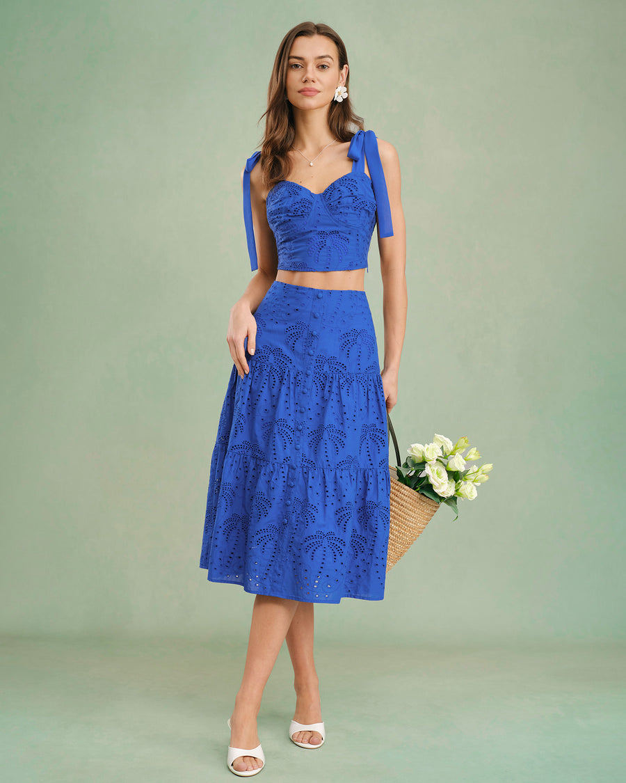 Blue embroidery midi skirt for resort vacation matching set