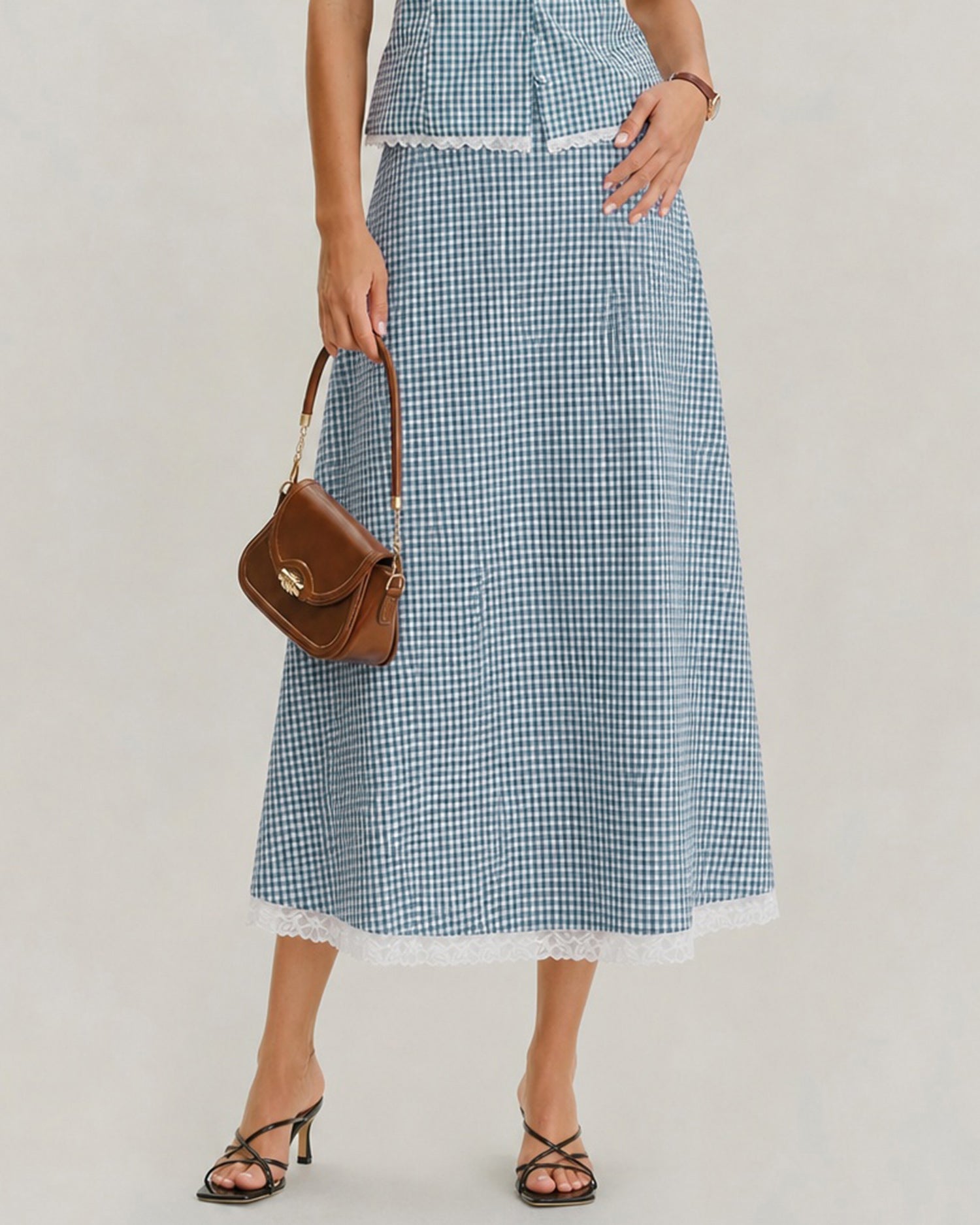 Blue Plaid Lace Pockets Midi Skirt - RIHOAS - 01