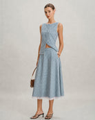 Blue Plaid Lace Pockets Midi Skirt - RIHOAS - 03
