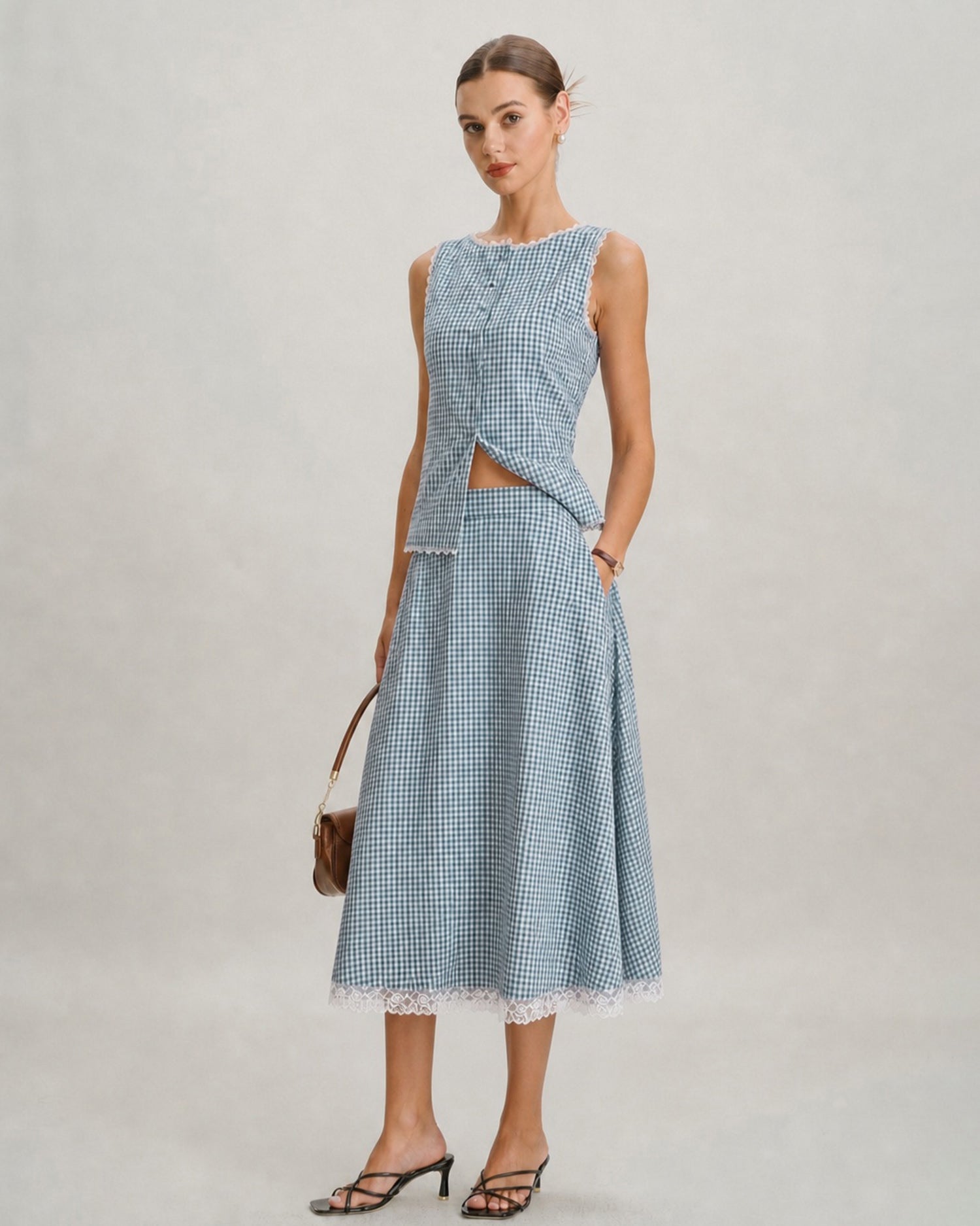 Blue Plaid Lace Pockets Midi Skirt - RIHOAS - 03