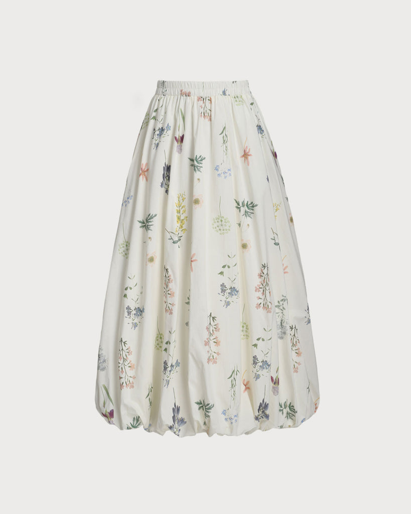 Beige Floral Elastic Waist Pocket Midi Skirt - RIHOAS