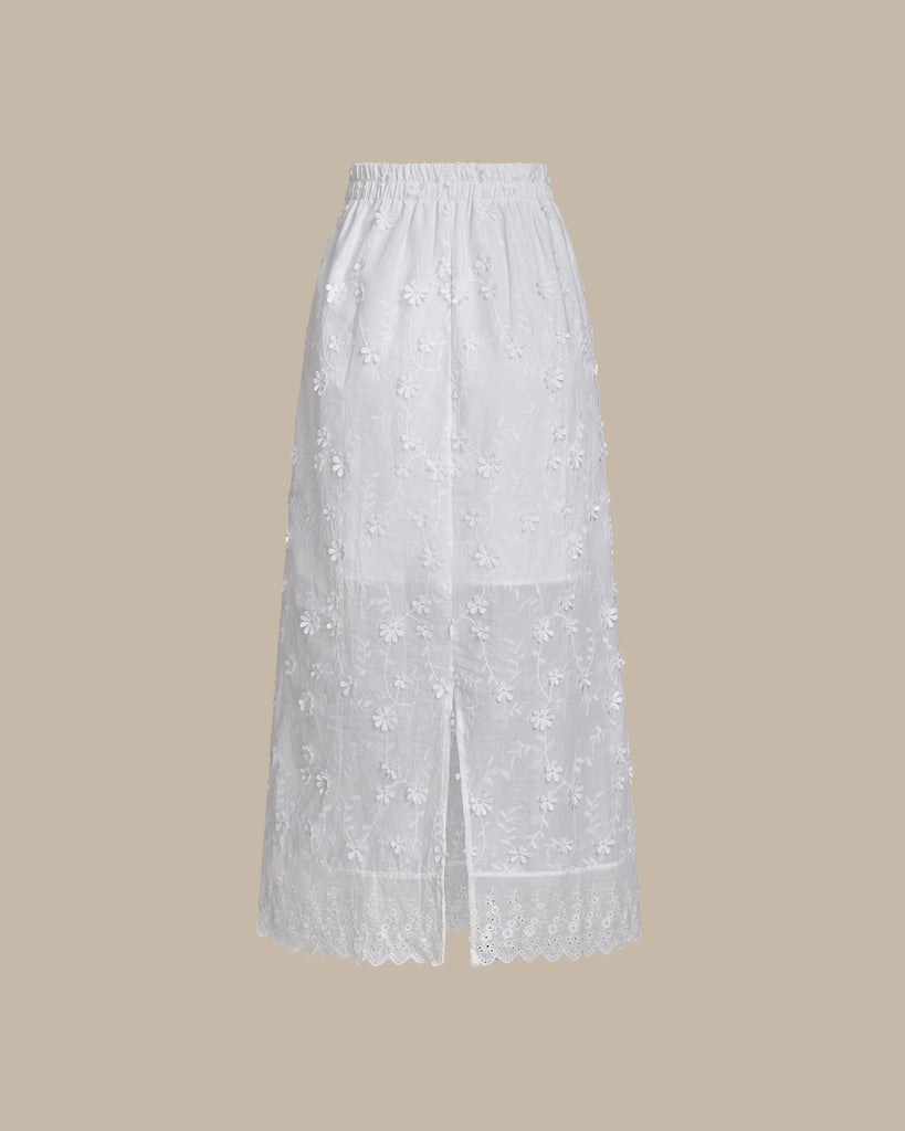 White Textured Elastic Waist Midi Skirt - RIHOAS