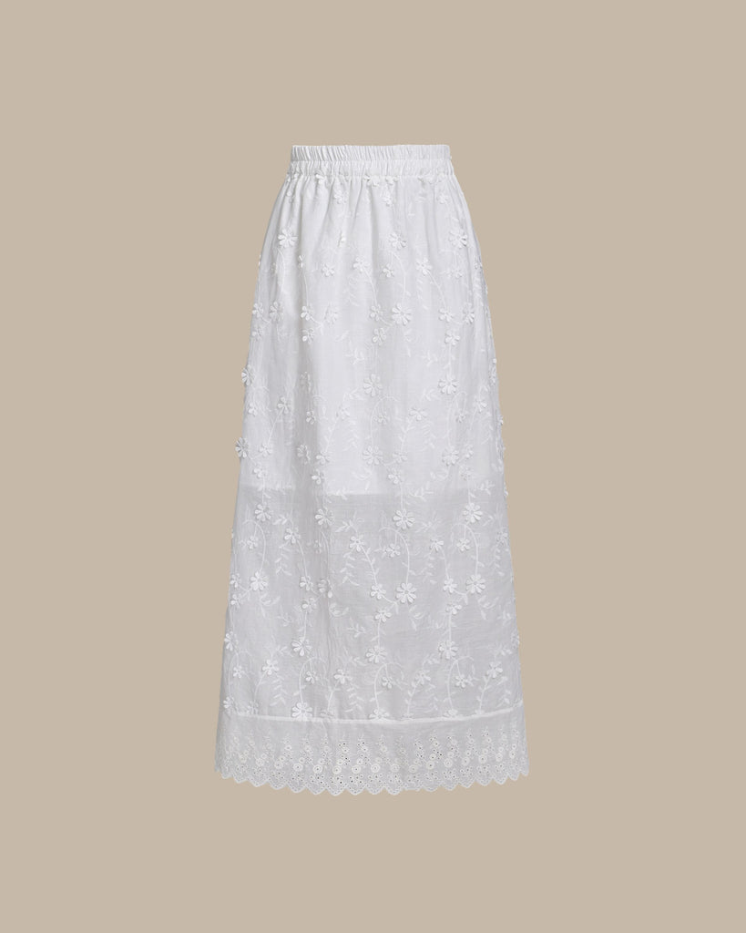 White Textured Elastic Waist Midi Skirt - RIHOAS