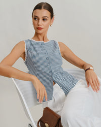 Women's Woven Cotton Tank Top Blue Tops - RIHOAS