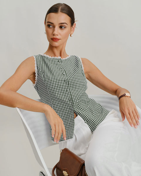 Green Boat Neck Plaid Tank Top & Reviews - Green,Light Green