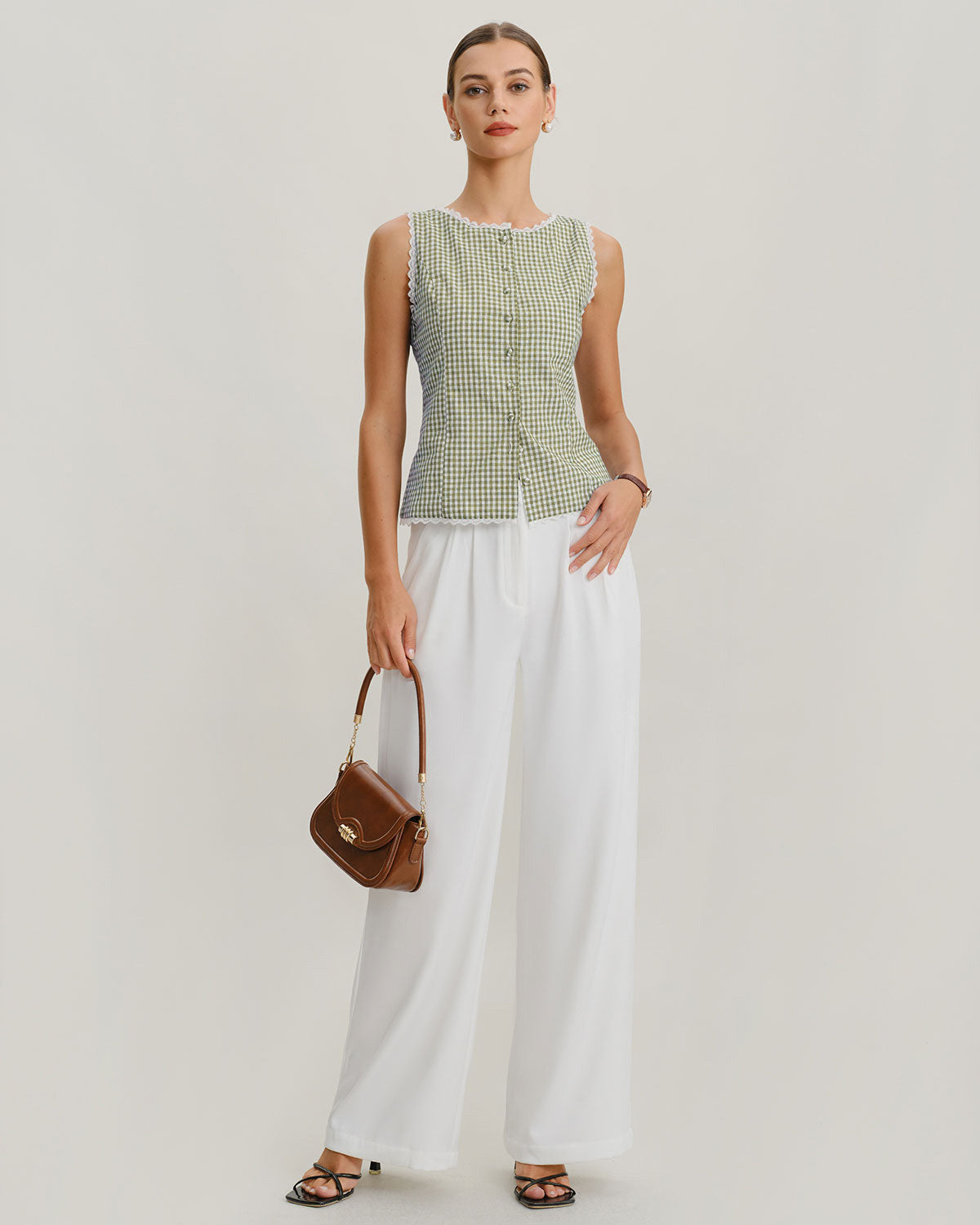Light Green Boat Neck Plaid Tank Top & Reviews - Green,Light Green