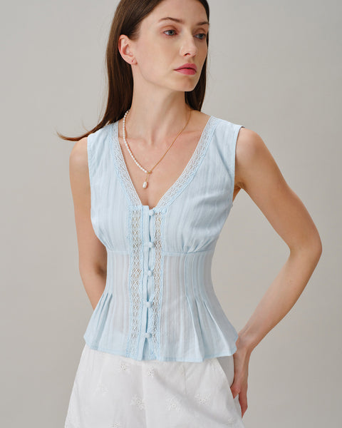 Blue V Neck Lace Button Tank Top & Reviews - Blue - Tops | RIHOAS