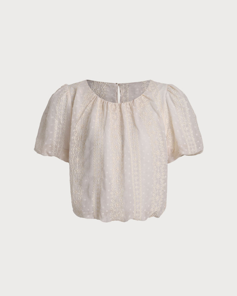 Beige Round Neck Puffed Sleeve Tee - RIHOAS