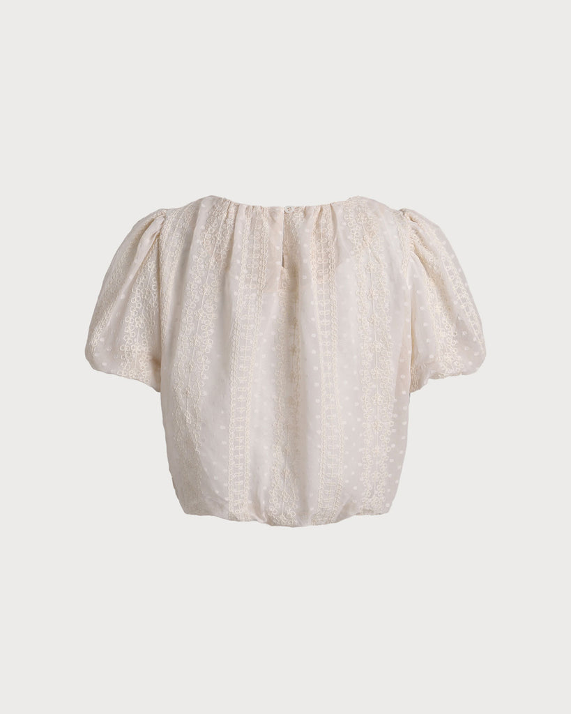 Beige Round Neck Puffed Sleeve Tee - RIHOAS