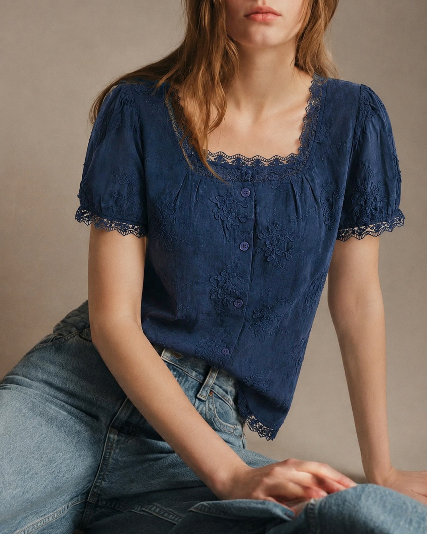 Women's Woven Cotton Top Blue Tops - RIHOAS