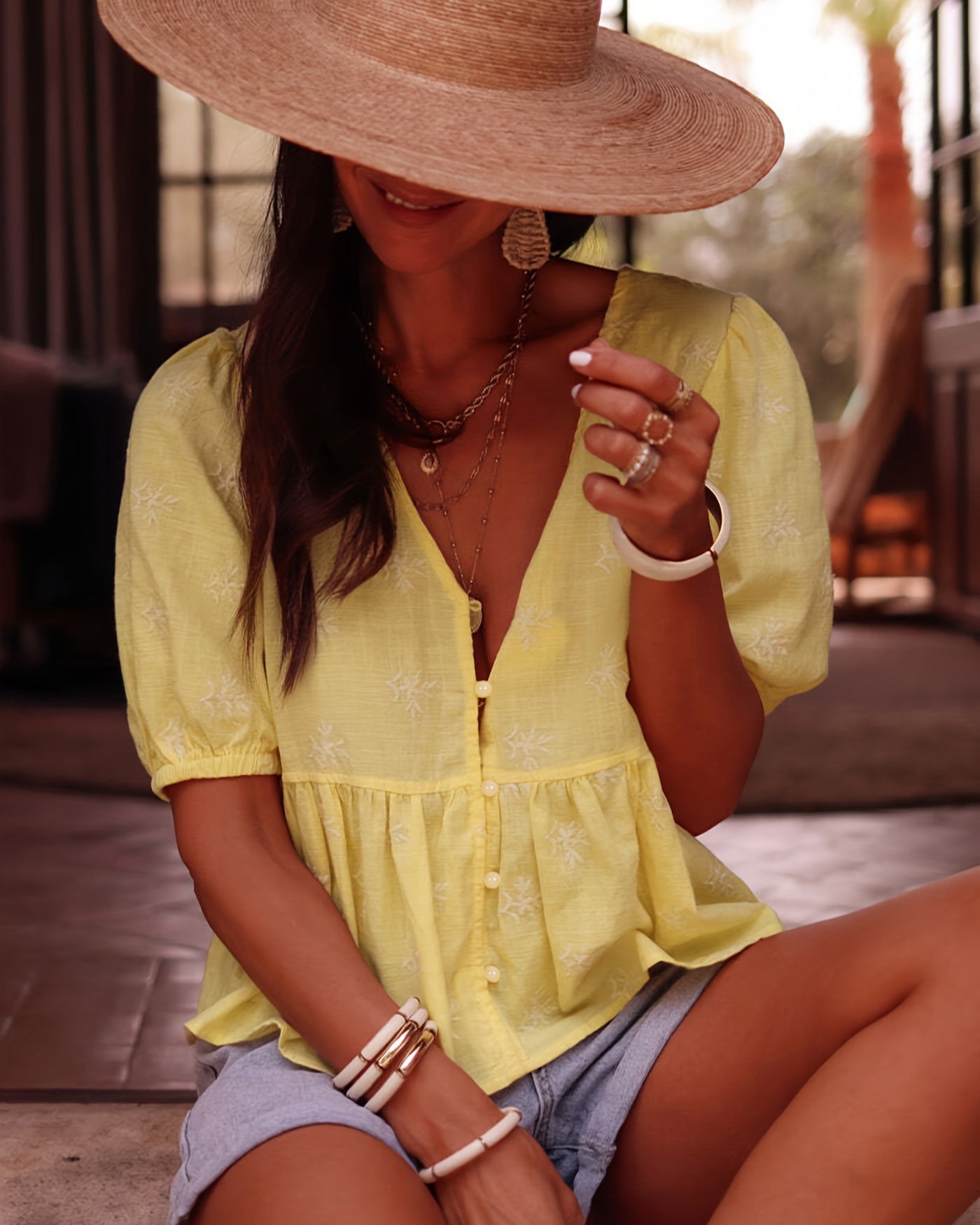 Women's Woven Cotton Top Yellow Tops - RIHOAS