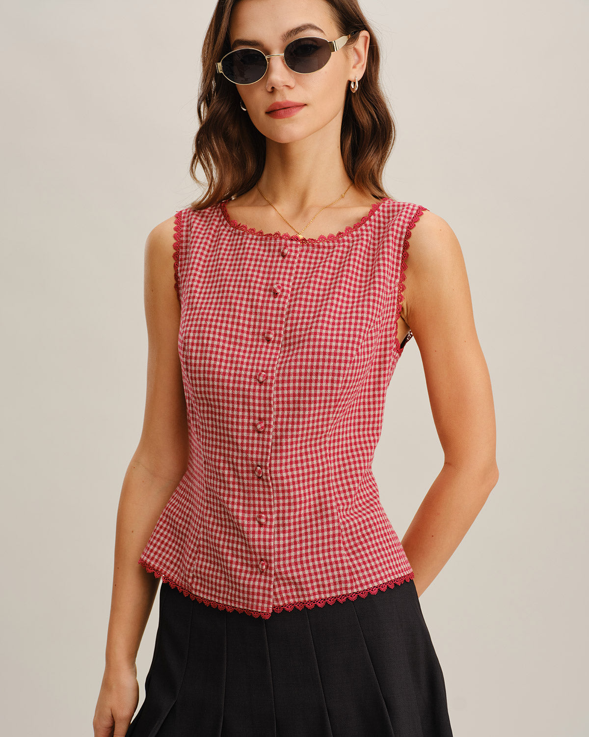 Women's Woven Cotton Vest Red Tops - RIHOAS
