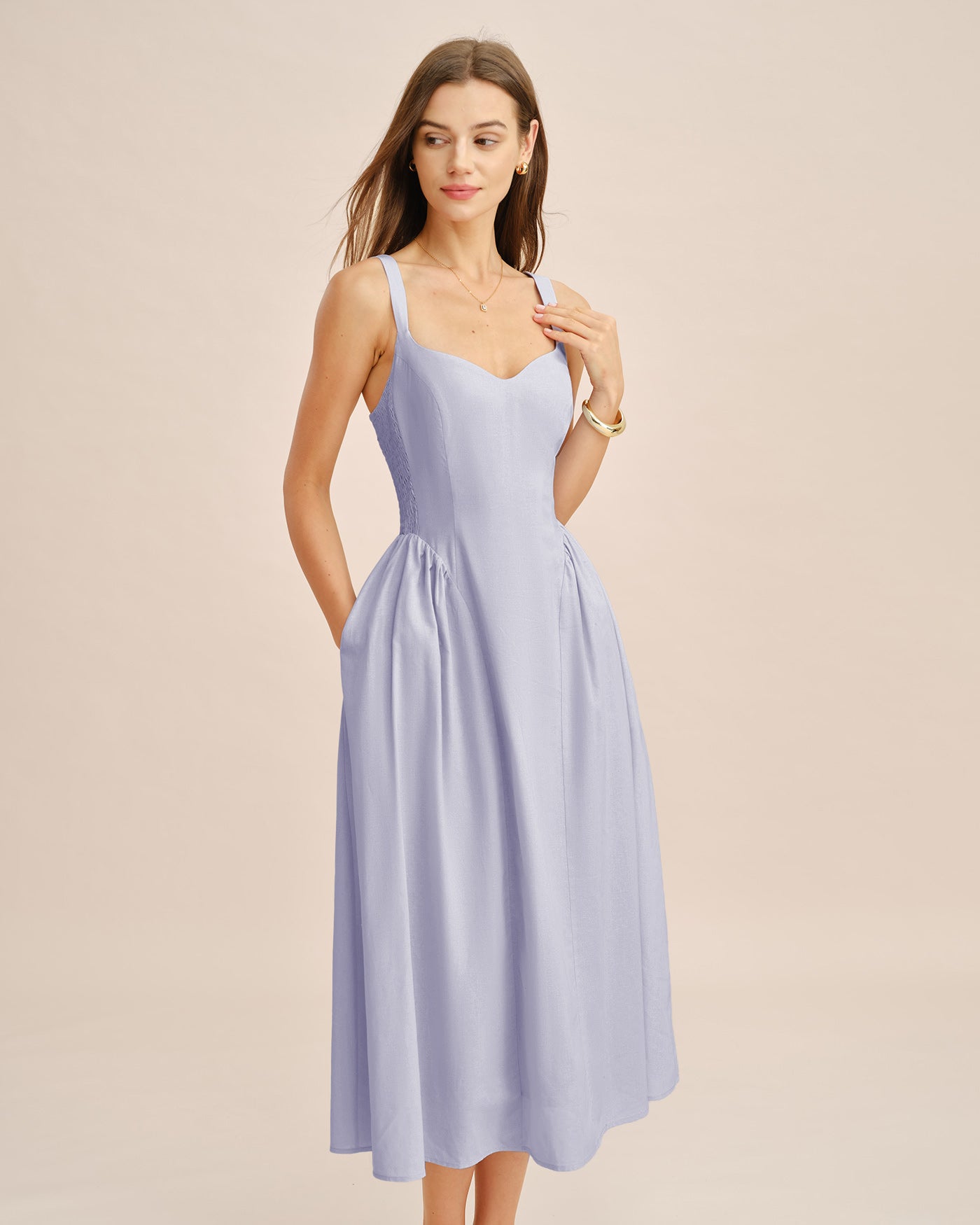 Women's Woven Linen Midi Dress Dresses - RIHOAS