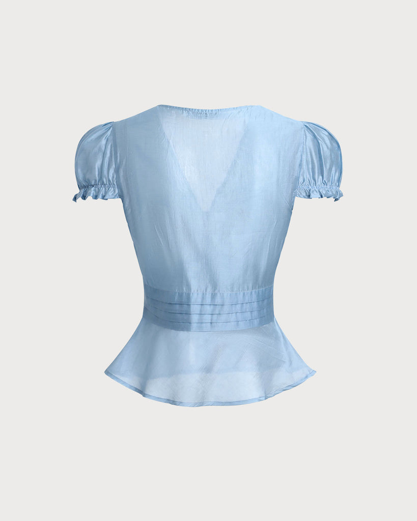 Blue Deep V Neck Short Sleeve Blouse