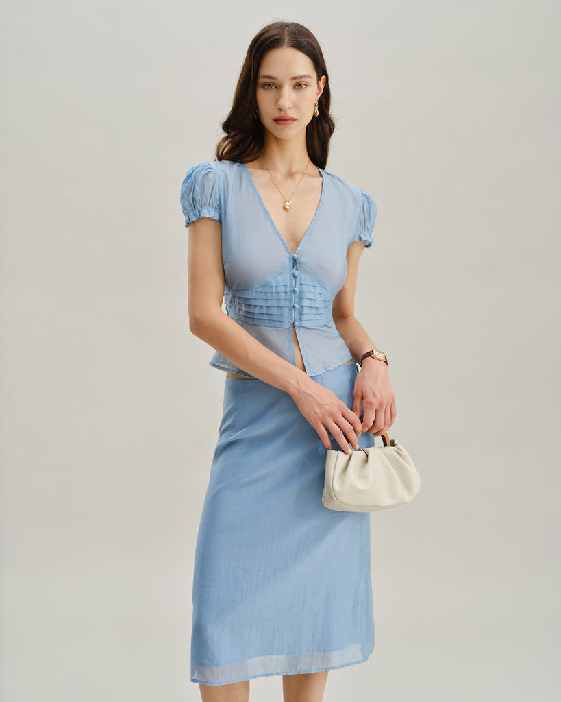 Blue Deep V Neck Short Sleeve Blouse