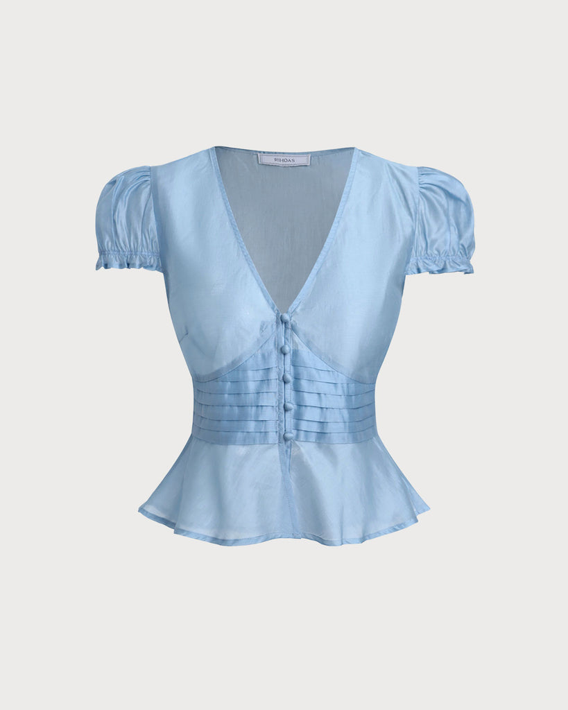 Blue Deep V Neck Short Sleeve Blouse