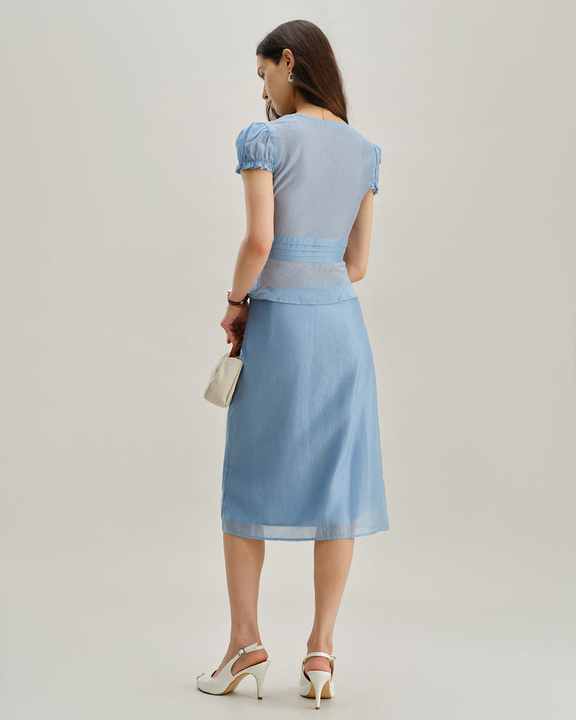 Blue Deep V Neck Short Sleeve Blouse