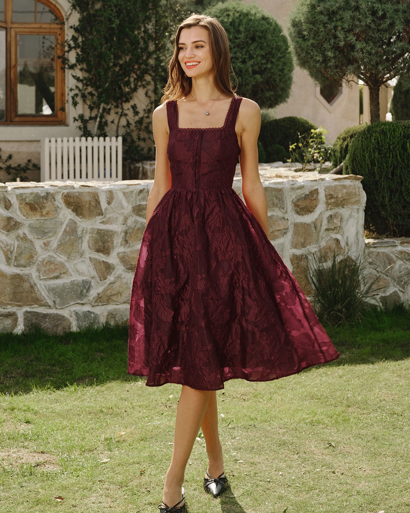 Rihoas Square Neck Jacquard Midi Dress for Women, Wine Red / M Rihoas Square Neck Jacquard Midi Dress for Women, Wine Red / M
