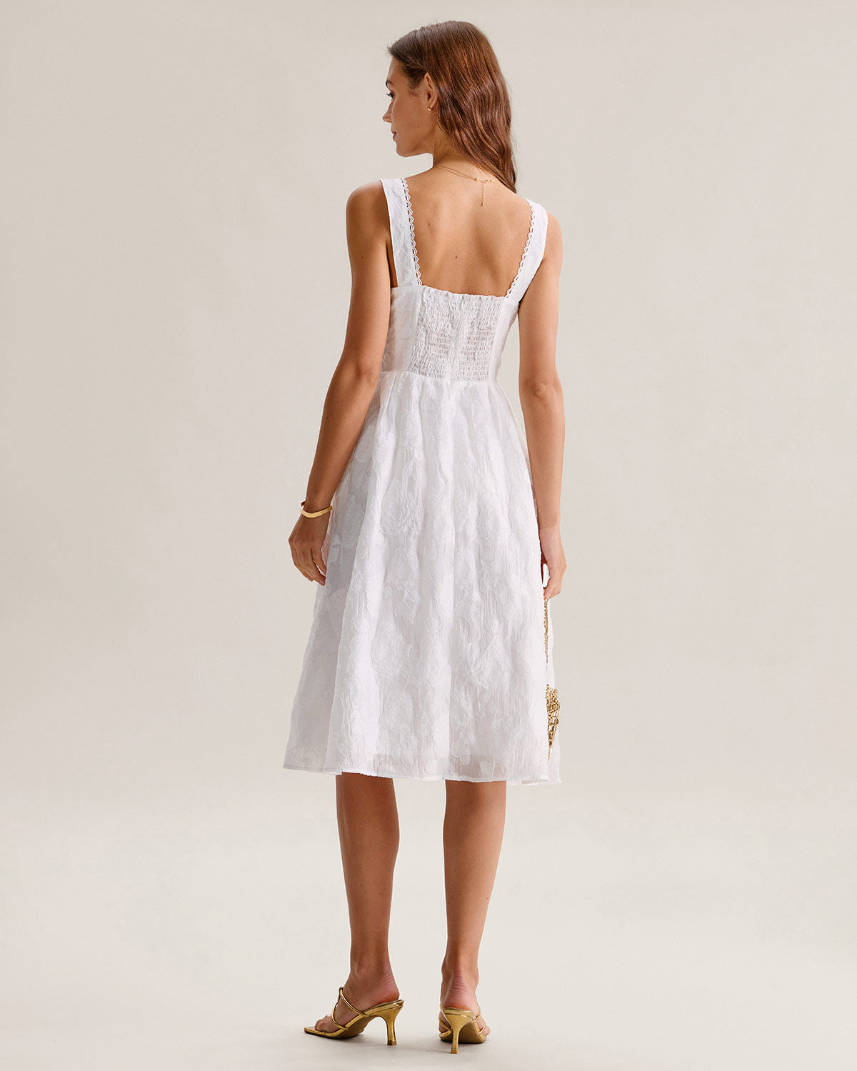 white sleeveless midi dress White Jacquard Shirred Slip Midi Dress & Reviews - White - Dresses