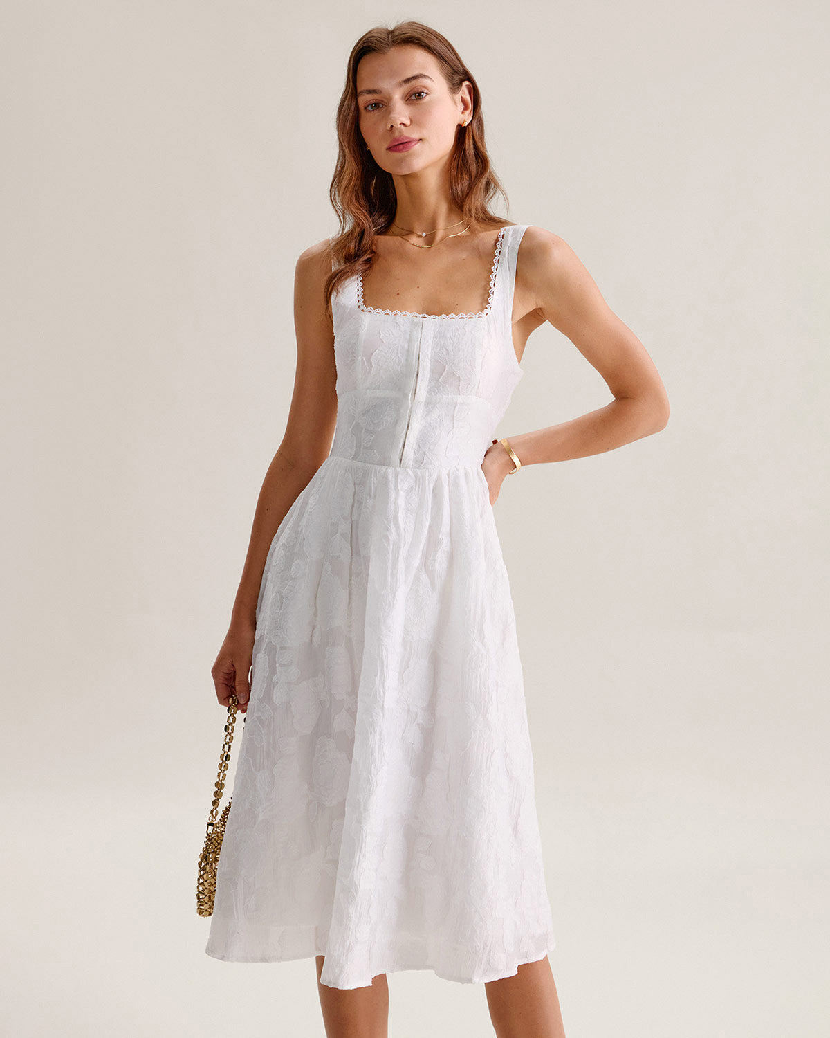 Jacquard Shirred Slip Midi Dress