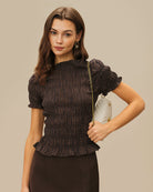 Women's Woven Polyester Blouse Coffee Tops - RIHOAS