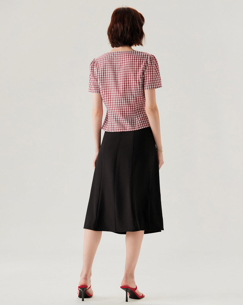Red Plaid Puffed Sleeve V Neck Blouse - RIHOAS