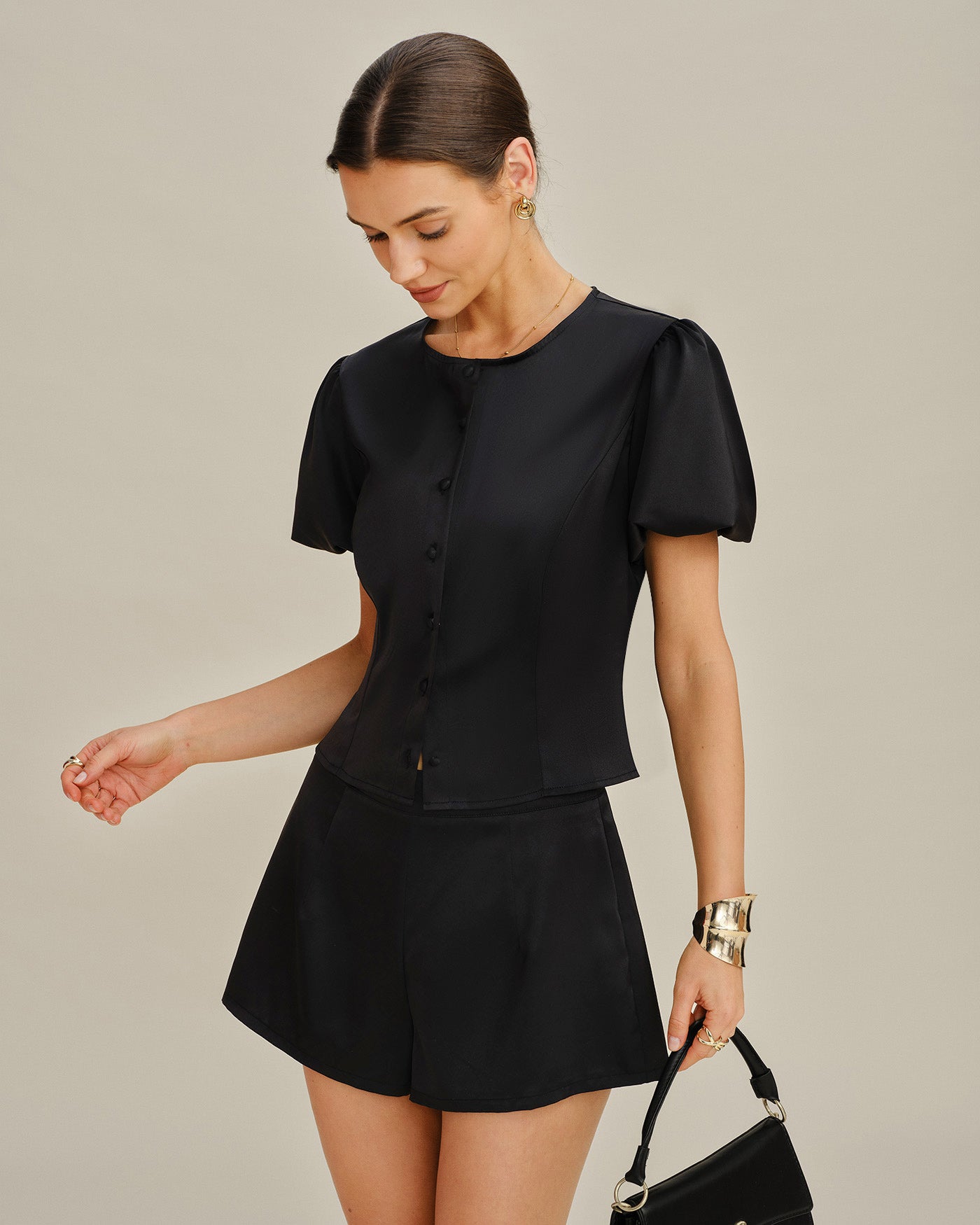 Women's Woven Polyester Blouses Black Tops - RIHOAS
