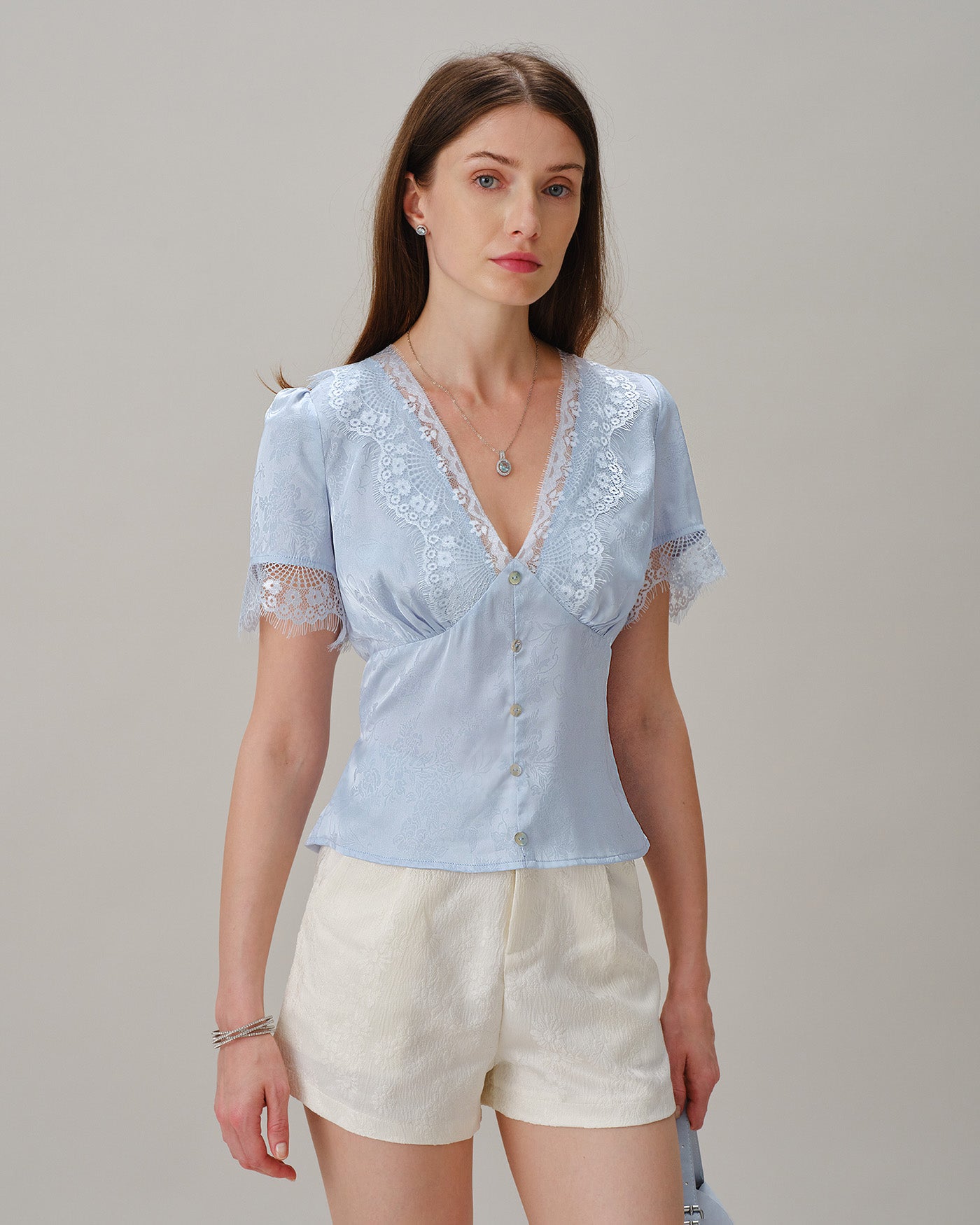 Blue V Neck Lace Jacquard Blouse & Reviews - Blue - Tops | RIHOAS