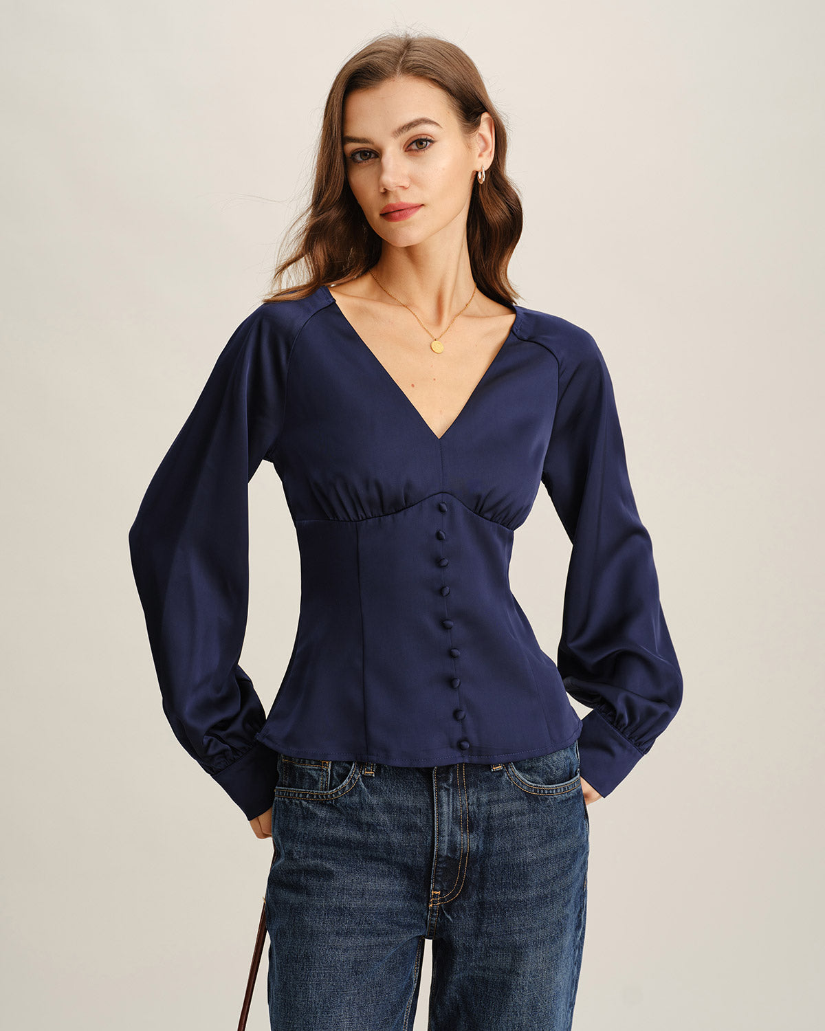 Women's Woven Polyester Blouses Navy Tops - RIHOAS