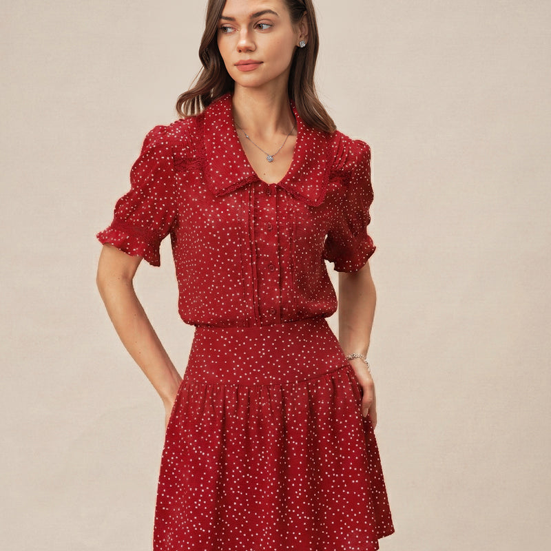 Red collared polka dot blouse with puff sleeves for a polished work outfit