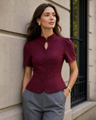 Wine Red Puffed Sleeve Button Blouse - RIHOAS - 01