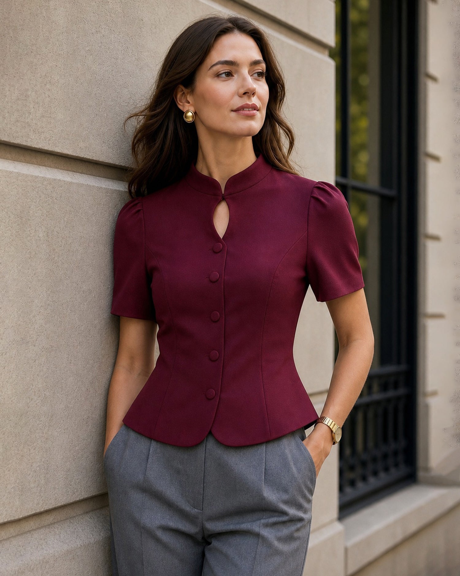 Wine Red Puffed Sleeve Button Blouse - RIHOAS - 01