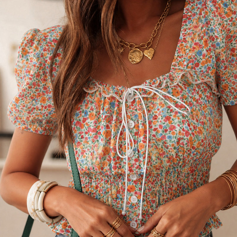 Floral square neck puffed sleeve blouse for clean neckline styling