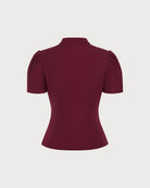 Wine Red Puffed Sleeve Button Blouse 04