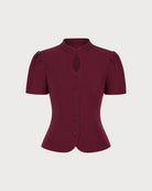 Wine Red Puffed Sleeve Button Blouse 03