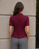 Wine Red Puffed Sleeve Button Blouse - RIHOAS - 03