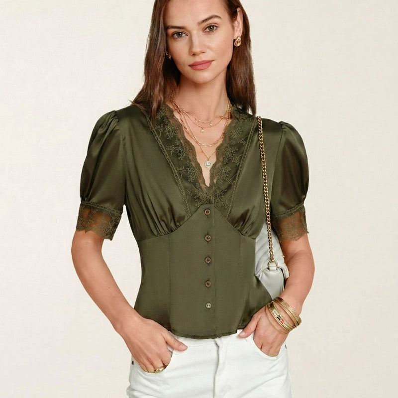 Green V neck puffed sleeve lace blouse for a longer-looking neckline