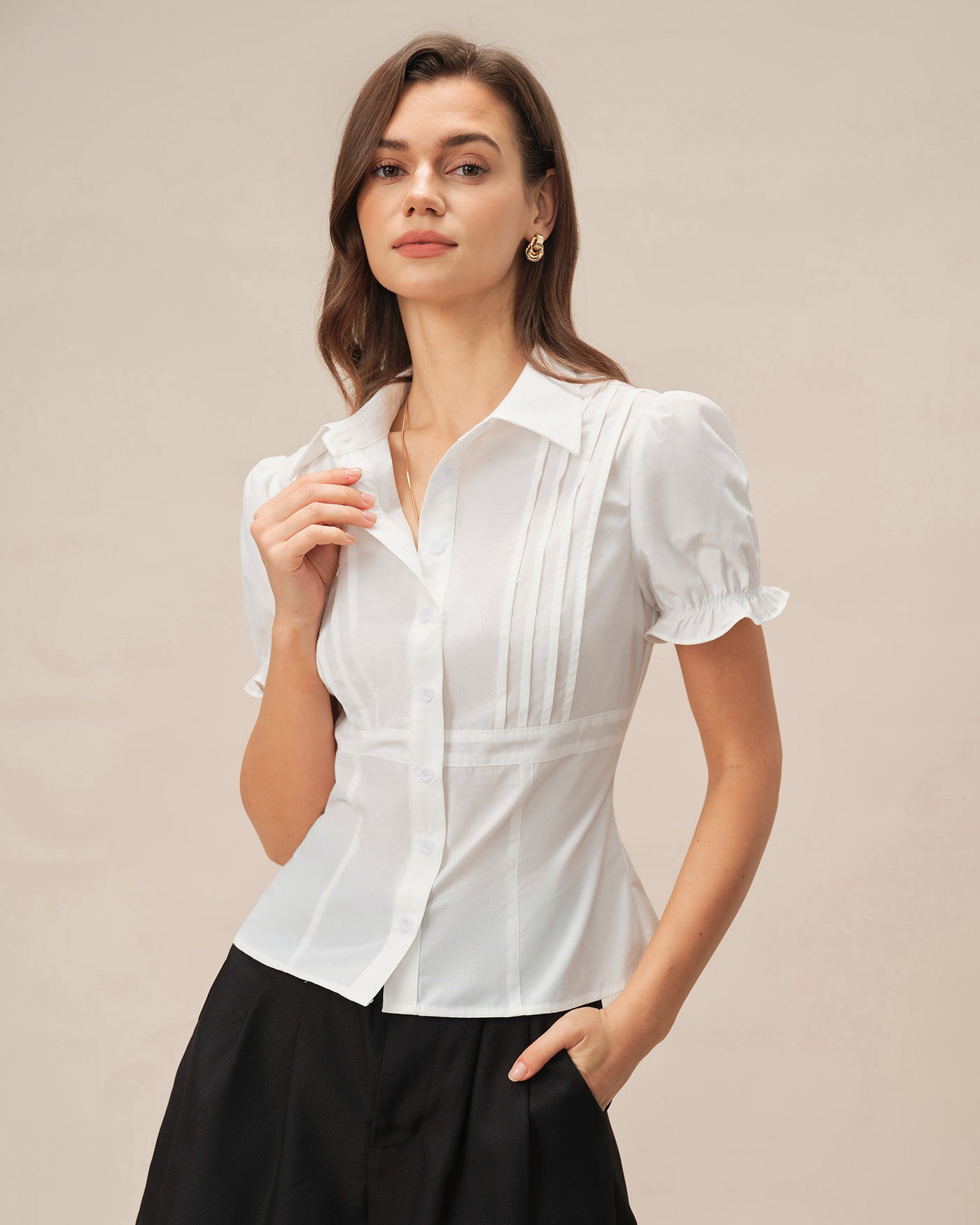 Women's Woven Polyester Blouses White Tops - RIHOAS