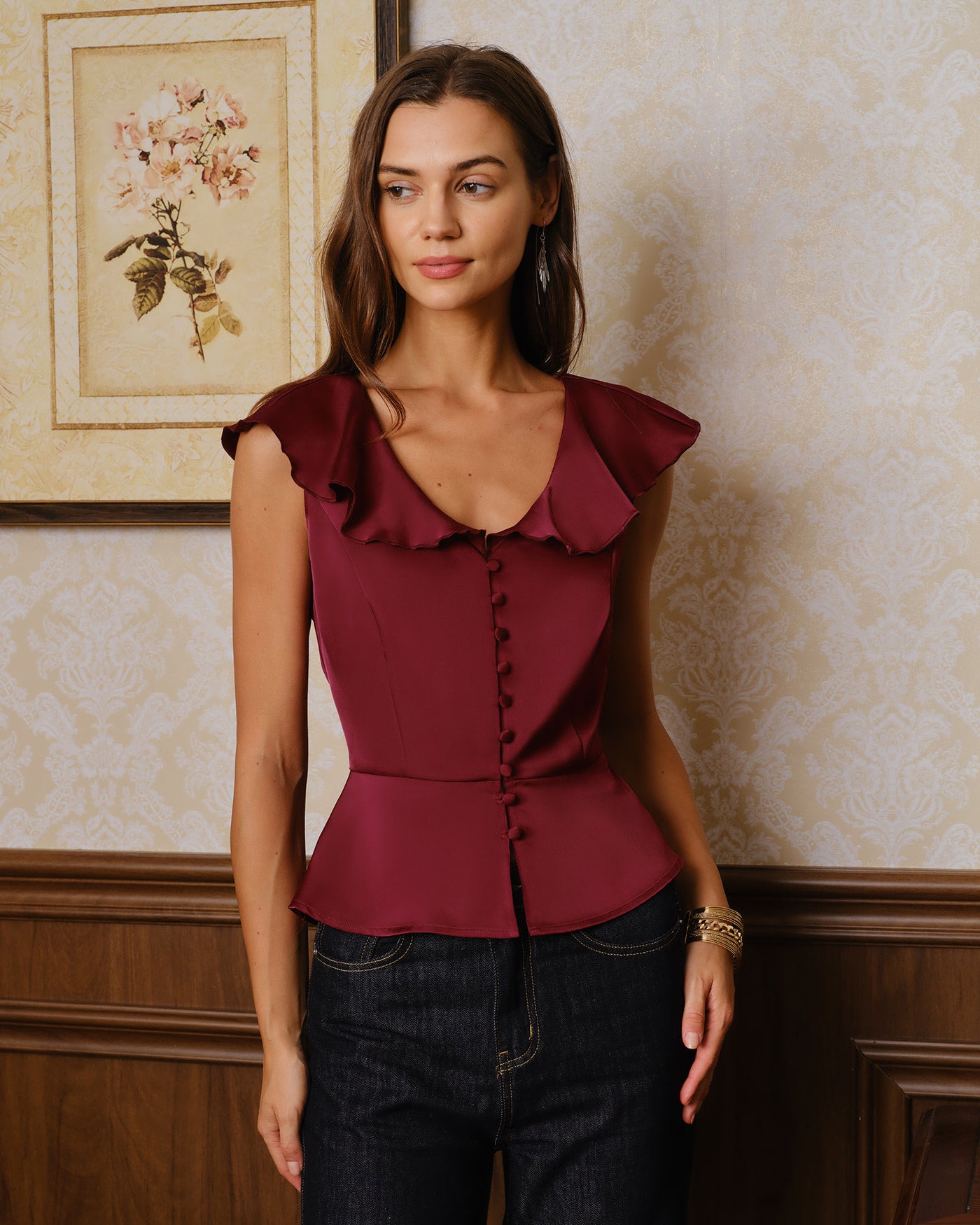 Women's Woven Polyester Blouses Wine Red Tops - RIHOAS