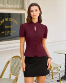 Wine Red Puffed Sleeve Button Blouse 01