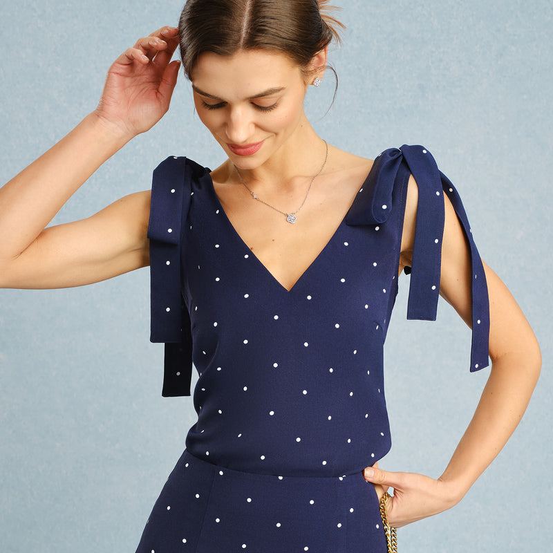 Navy V neck polka dot cami top for summer bar outfits