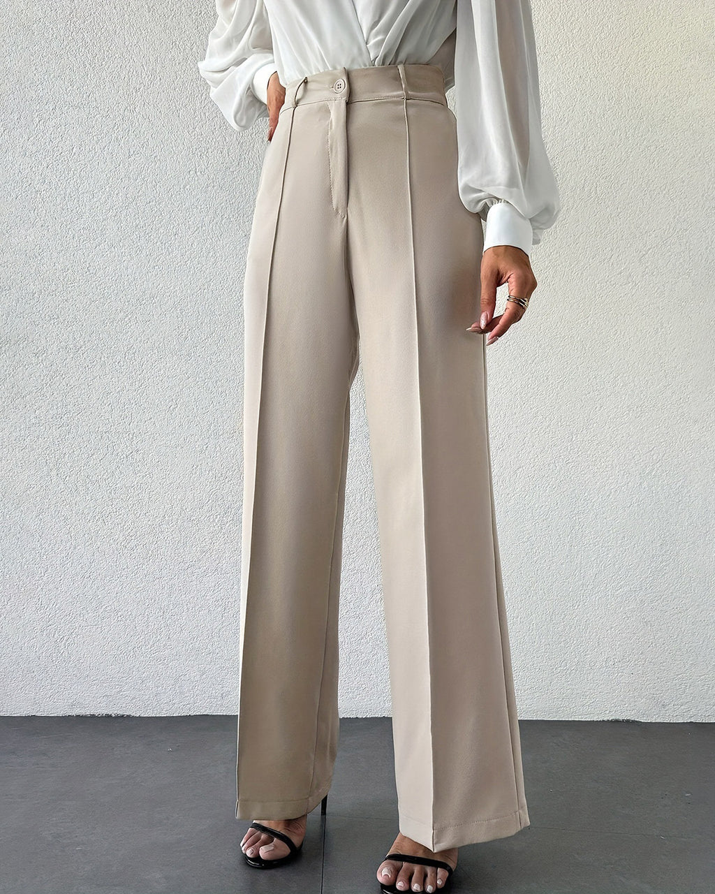 Women's Woven Polyester Casual Pants Beige Bottoms - RIHOAS