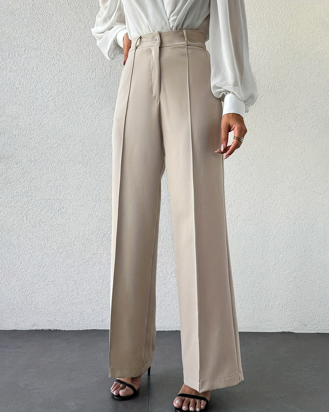 Women's Woven Polyester Casual Pants Beige Bottoms - RIHOAS