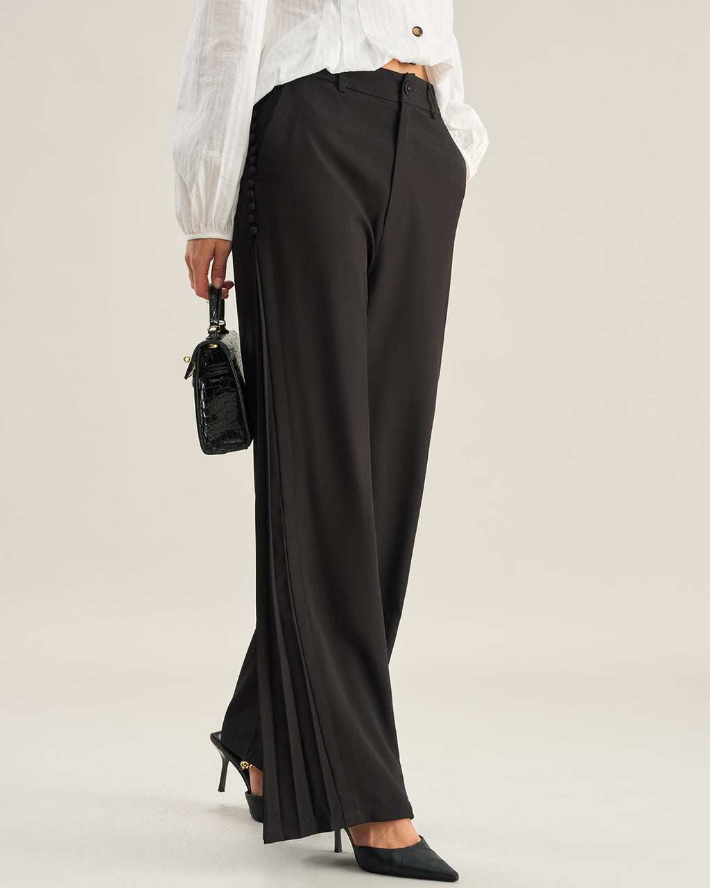 Women's Woven Polyester Casual Pants Black Bottoms - RIHOAS