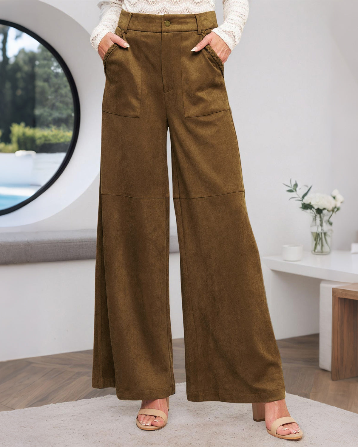 Women's Woven Polyester Casual Pants Brown Bottoms - RIHOAS