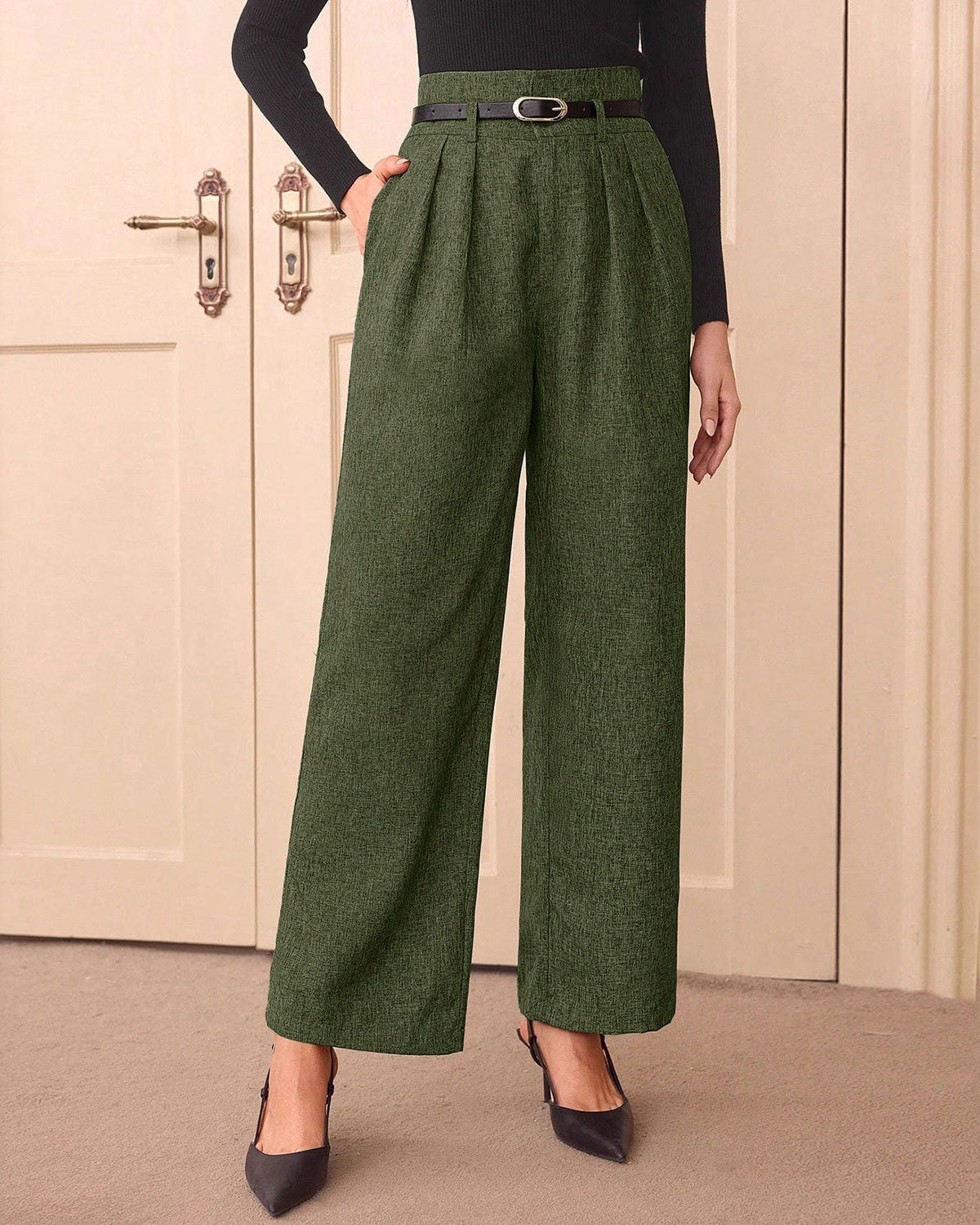 Women's Woven Polyester Casual Pants Green Bottoms - RIHOAS