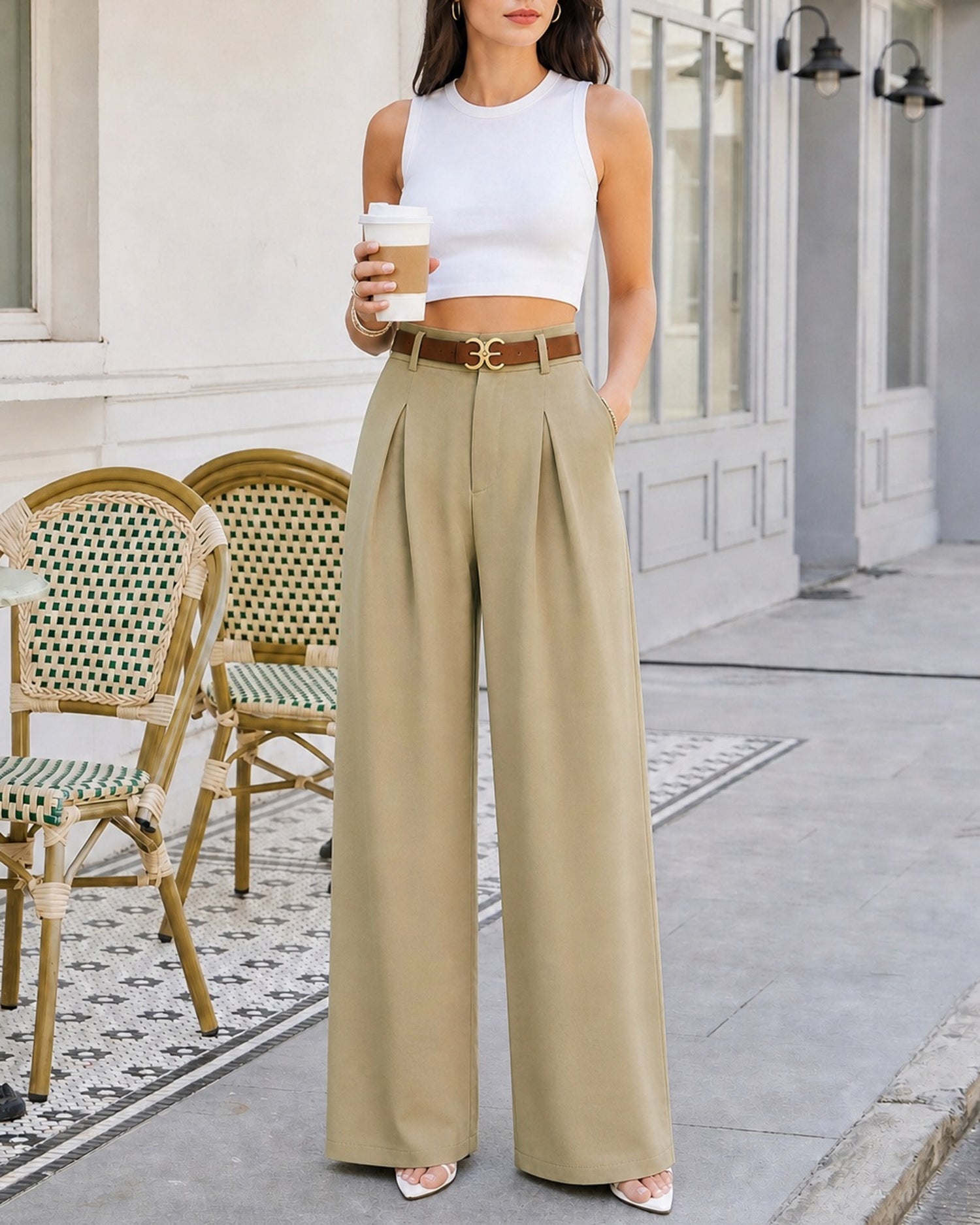 Khaki Belt Pockets Straight Pants 01