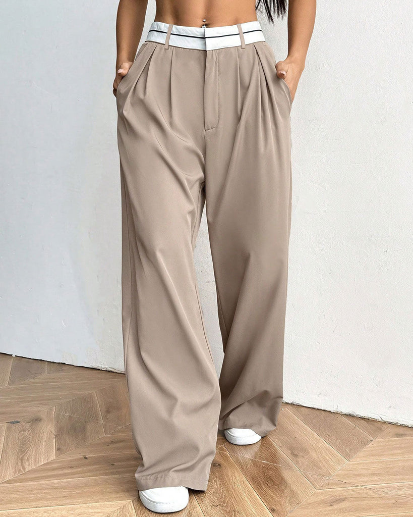 Women's Woven Polyester Casual Pants Khaki Bottoms - RIHOAS