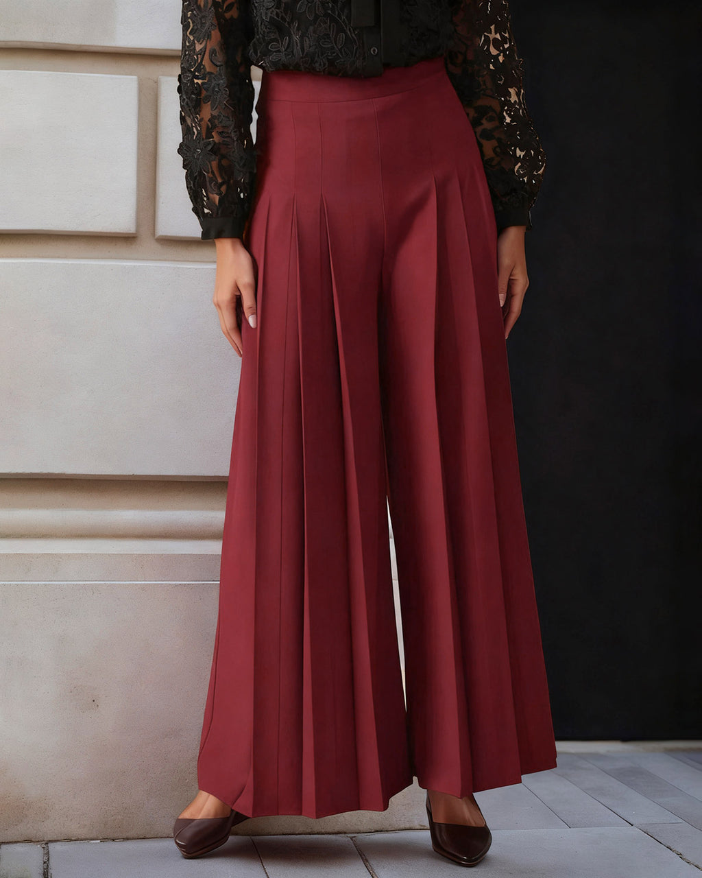 Women's Woven Polyester Casual Pants Wine Red Bottoms - RIHOAS